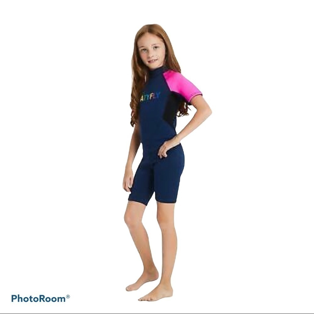 NATYFLY  2mm Neoprene Short Sleeve Wetsuit Blue Pink 3XL (10–12Y) Shorty Surf